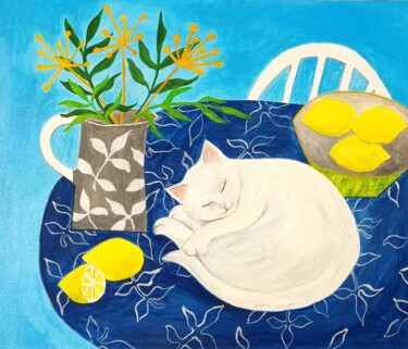 Painting titled "Cat on blue" by Valentina Khudyakova, Original Artwork, Gouache