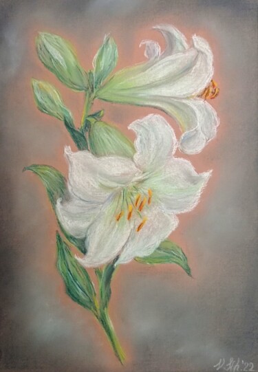 Painting titled "Белые лилии" by Valentina Khudyakova, Original Artwork, Pastel