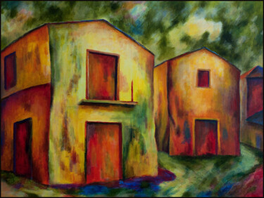 Peinture intitulée "Zwei gelbe Häuser" par Udo Greiner, Œuvre d'art originale, Acrylique