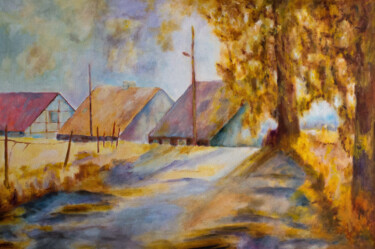 Malerei mit dem Titel "Häuser hinterm Damm…" von Udo Greiner, Original-Kunstwerk, Öl