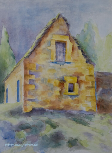 Malerei mit dem Titel "Steinhaus Dordogne" von Udo Greiner, Original-Kunstwerk, Aquarell