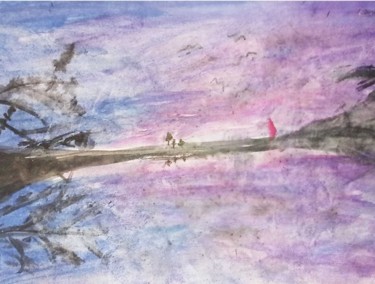 Schilderij getiteld "Suda Gece" door Uge, Origineel Kunstwerk, Aquarel Gemonteerd op Karton