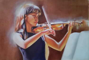 Painting titled "Violin" by Ujang Ismail, Original Artwork, Oil Mounted on Wood Stretcher frame