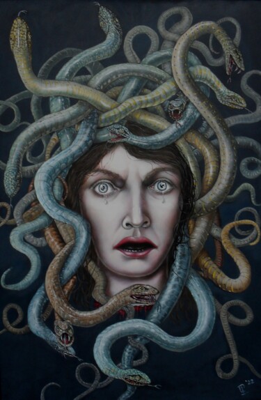 Painting titled "Medusa" by Uko Post, Original Artwork, Oil Mounted on Wood Stretcher frame