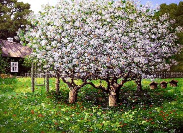 Картина под названием "Яблони в цвету" - Sergey Puzirchenko, Подлинное произведение искусства, Масло