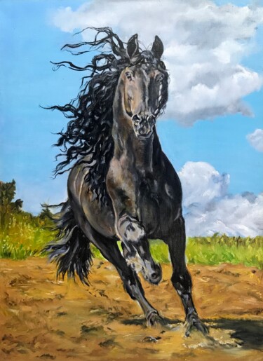 Schilderij getiteld "Running horse" door Ukranian Artists, Origineel Kunstwerk, Olie Gemonteerd op Frame voor houten brancard