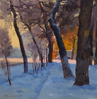 Painting titled "“Sunset in winter”" by Uktam Isirgapov, Original Artwork, Oil Mounted on Other rigid panel