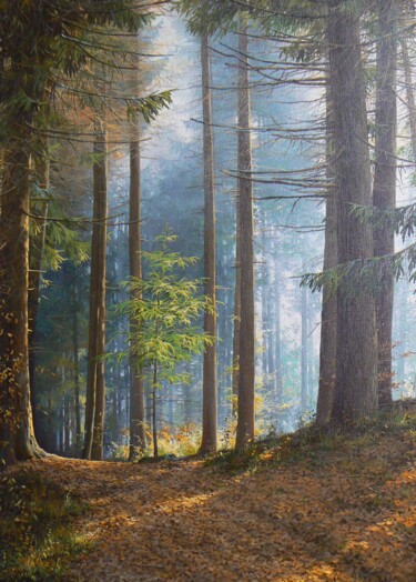 Painting titled "Dans la forêt" by Uladzimir Anishchanka, Original Artwork, Oil Mounted on Wood Stretcher frame