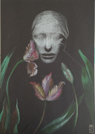 Dessin intitulée "В тюльпанах" par Iuliia Bezshtanko, Œuvre d'art originale, Stylo gel