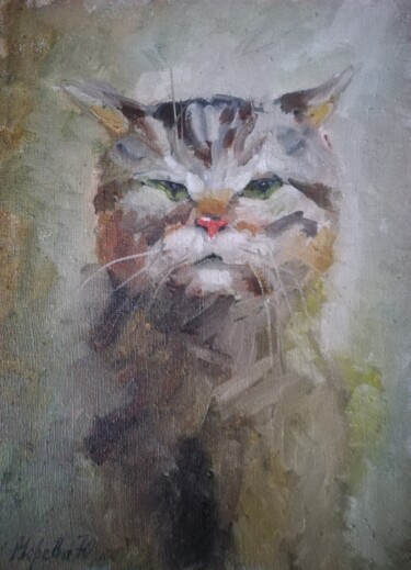 Painting titled "Brazen Cat -)" by Iuliia Moreva, Original Artwork, Oil Mounted on Wood Stretcher frame