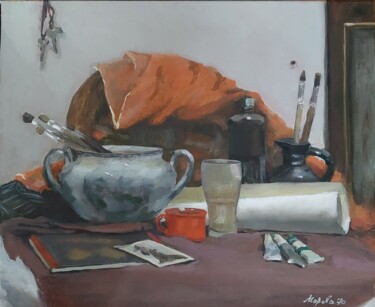 Painting titled "in the workshop..." by Iuliia Moreva, Original Artwork, Oil Mounted on Wood Stretcher frame