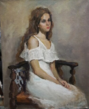 Painting titled "In white" by Iuliia Moreva, Original Artwork, Oil Mounted on Wood Stretcher frame