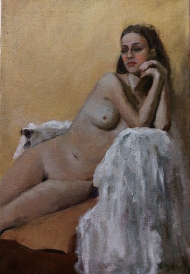 Painting titled "Nude" by Iuliia Moreva, Original Artwork, Oil Mounted on Wood Stretcher frame