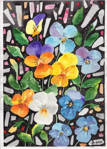 Pintura intitulada "Pansy flowers" por Ulia Nagornaa, Obras de arte originais, Aquarela