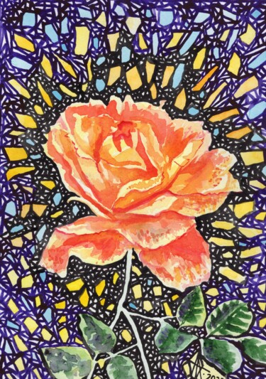 Peinture intitulée "Yellow-orange rose" par Ulia Nagornaa, Œuvre d'art originale, Aquarelle