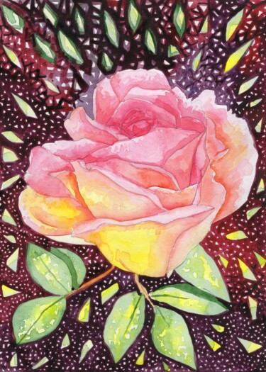 Картина под названием "Yellow-pink rose" - Юлия Нагорная, Подлинное произведение искусства, Акварель