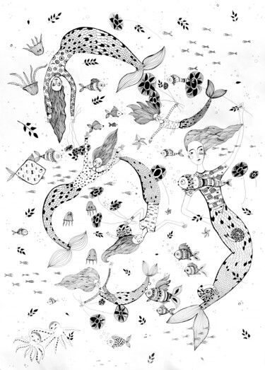 Pintura intitulada ""Подводная суета"" por Iuliia Potashova, Obras de arte originais, Caneta de gel