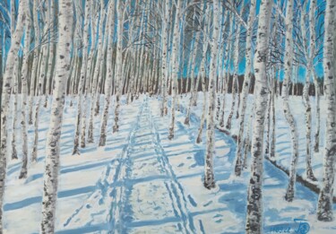 Painting titled "Winter birches" by Ulia Vasina, Original Artwork, Acrylic Mounted on Cardboard
