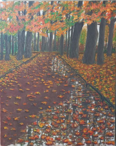 Painting titled "Autumn after the ra…" by Ulia Vasina, Original Artwork, Oil Mounted on Wood Stretcher frame