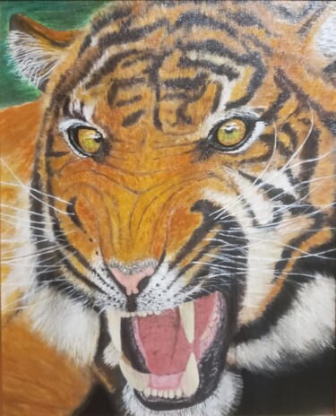 Painting titled "Predator-tiger" by Ulia Vasina, Original Artwork, Acrylic Mounted on Cardboard