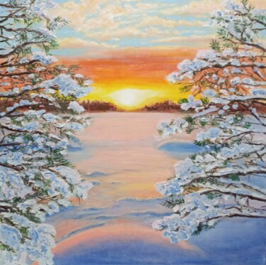 Painting titled "Sunrise and snow" by Ulia Vasina, Original Artwork, Oil Mounted on Wood Stretcher frame