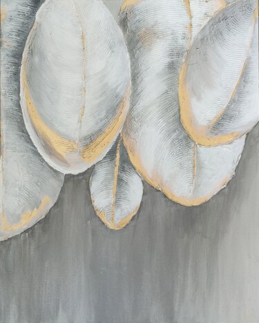Painting titled "Feathers with gold…" by Uliana Saiapina, Original Artwork, Plaster Mounted on Wood Stretcher frame