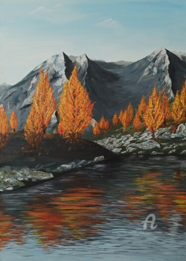 Painting titled "Autumn in the mount…" by Uliana Saiapina, Original Artwork, Acrylic Mounted on Wood Stretcher frame