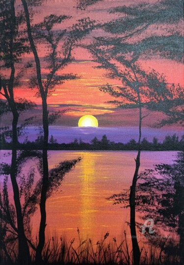 Painting titled "Lilac sunset on the…" by Uliana Saiapina, Original Artwork, Acrylic Mounted on Wood Stretcher frame