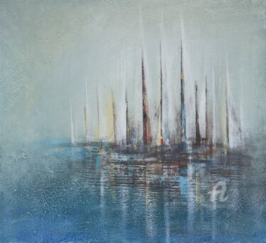 Painting titled "Misty Dawn: Sailing…" by Uliana Saiapina, Original Artwork, Plaster Mounted on Wood Stretcher frame