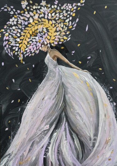 Peinture intitulée "A girl with flowery…" par Uliana Saiapina, Œuvre d'art originale, Acrylique