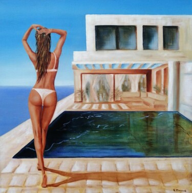 Painting titled "Morning in the swim…" by Uliana Titova, Original Artwork, Oil Mounted on Wood Stretcher frame