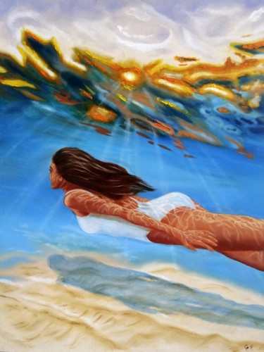 Painting titled "Sunlight under water" by Uliana Titova, Original Artwork, Oil