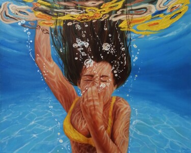 Painting titled "Jump into the water" by Uliana Titova, Original Artwork, Oil Mounted on Wood Stretcher frame