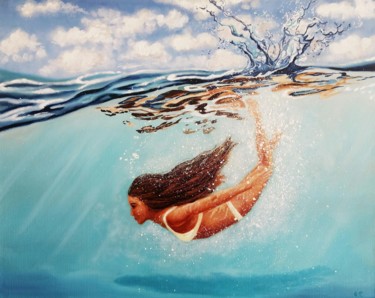 Painting titled "Flying in the sea" by Uliana Titova, Original Artwork, Oil Mounted on Wood Stretcher frame