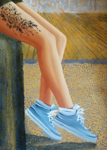Painting titled "Tattoo" by Uliana Titova, Original Artwork, Oil Mounted on Wood Stretcher frame
