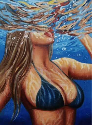 Painting titled "Swimming in a bikini" by Uliana Titova, Original Artwork, Oil Mounted on Wood Stretcher frame