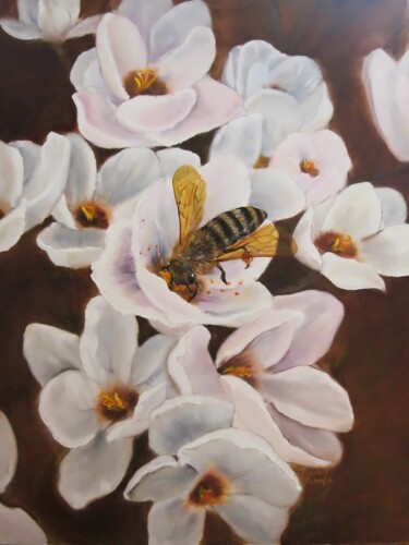 Painting titled "Bee harvest" by Uliana Titova, Original Artwork, Oil Mounted on Wood Stretcher frame