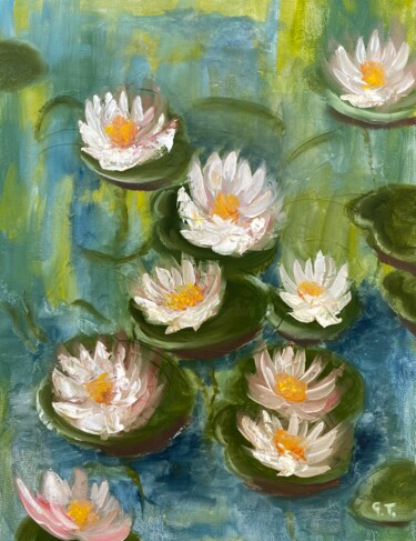 Painting titled "Summer water lilies" by Uliana Titova, Original Artwork, Oil Mounted on Wood Stretcher frame