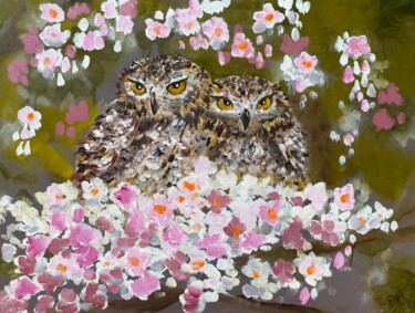 Картина под названием "Owls" - Uliana Titova, Подлинное произведение искусства, Масло Установлен на Деревянная рама для носи…
