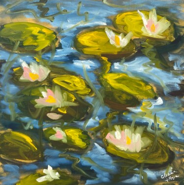 Painting titled "Water lilies" by Uliana Titova, Original Artwork, Oil Mounted on Wood Stretcher frame