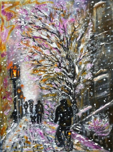 Painting titled "Christmas Eve" by Uliana Titova, Original Artwork, Oil Mounted on Wood Stretcher frame