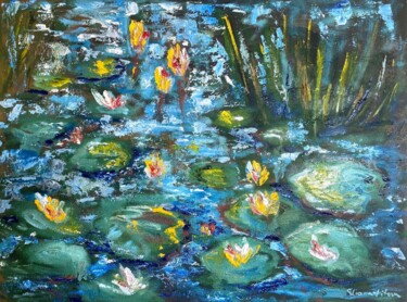 Painting titled "Water Lilies in Blo…" by Uliana Titova, Original Artwork, Oil Mounted on Wood Stretcher frame