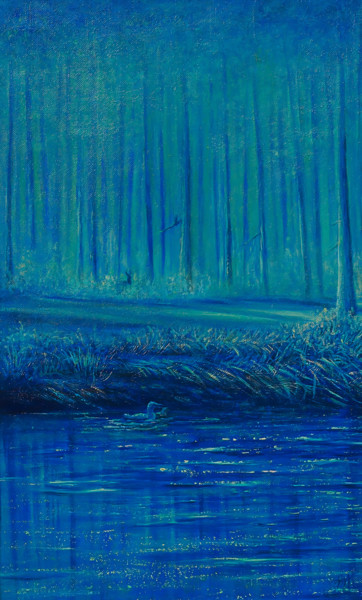 Лес, озеро, безмятежная ночь, окно часть левая. Painting titled "Лес, озеро, безмяте…" by Uliana Kuznetsova, Original Art, Oil
