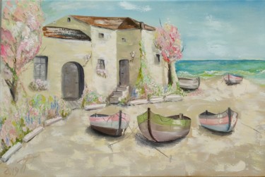 Painting titled "Fishing village" by Julianna Tulinova, Original Artwork, Oil