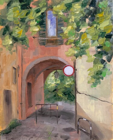 Painting titled "Archway" by Ulisse Mladenova, Original Artwork, Oil Mounted on Cardboard