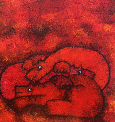 Painting titled "Red Dogs 1" by Ulla Bolin, Original Artwork, Oil Mounted on Wood Stretcher frame
