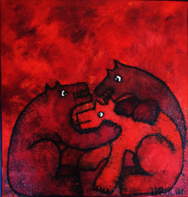 Malerei mit dem Titel "Red Dogs 2" von Ulla Bolin, Original-Kunstwerk, Öl Auf Keilrahmen aus Holz montiert