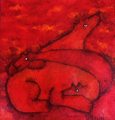 Schilderij getiteld "Red Dogs 3" door Ulla Bolin, Origineel Kunstwerk, Olie Gemonteerd op Frame voor houten brancard