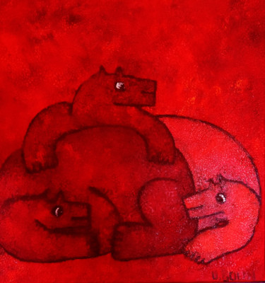 Painting titled "Red Dog 4" by Ulla Bolin, Original Artwork, Oil Mounted on Wood Stretcher frame