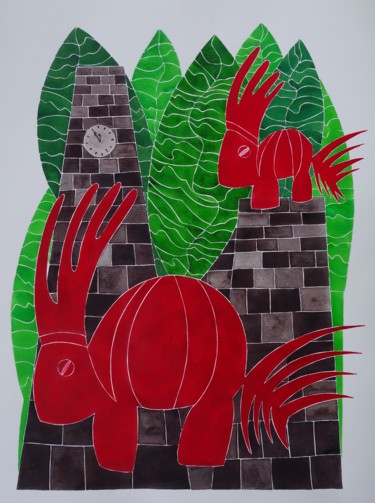 Malerei mit dem Titel "Rote Freunde" von Ulli Heupel, Original-Kunstwerk, Aquarell